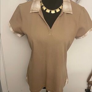 Izod Tan Women's Blouse with Plaid Accents